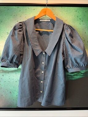 Relaxed Blue Gingham Puff Sleeve Button-Up